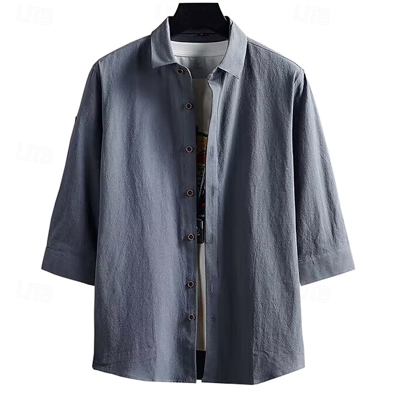 Men's Shirt Linen Shirt Casual Shirt Button Up Shirt Cotton Shirt Plain Vacation Hawaiian White Navy Blue Army Green Dark Gray 3/4 Length Sleeve Lapel Summer Spring Clothing Apparel3