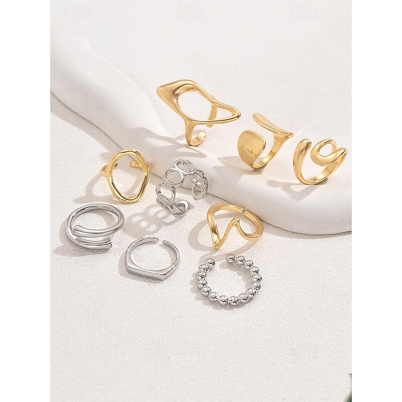 Women's Trendy Gold and Silver Geometric Rings Set – Fashionable Stackable Statement Jewelry for Casual, Party and Everyday Wear3