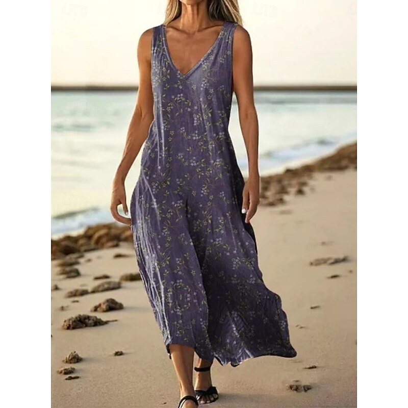 Women's Long Dress Maxi Dress Casual Dress Tank Dress Summer Dress Vintage Daily Holiday Beach Regular Fit Floral Sleeveless V Neck Royal Blue Blue Dark Green Light Purple Summer2