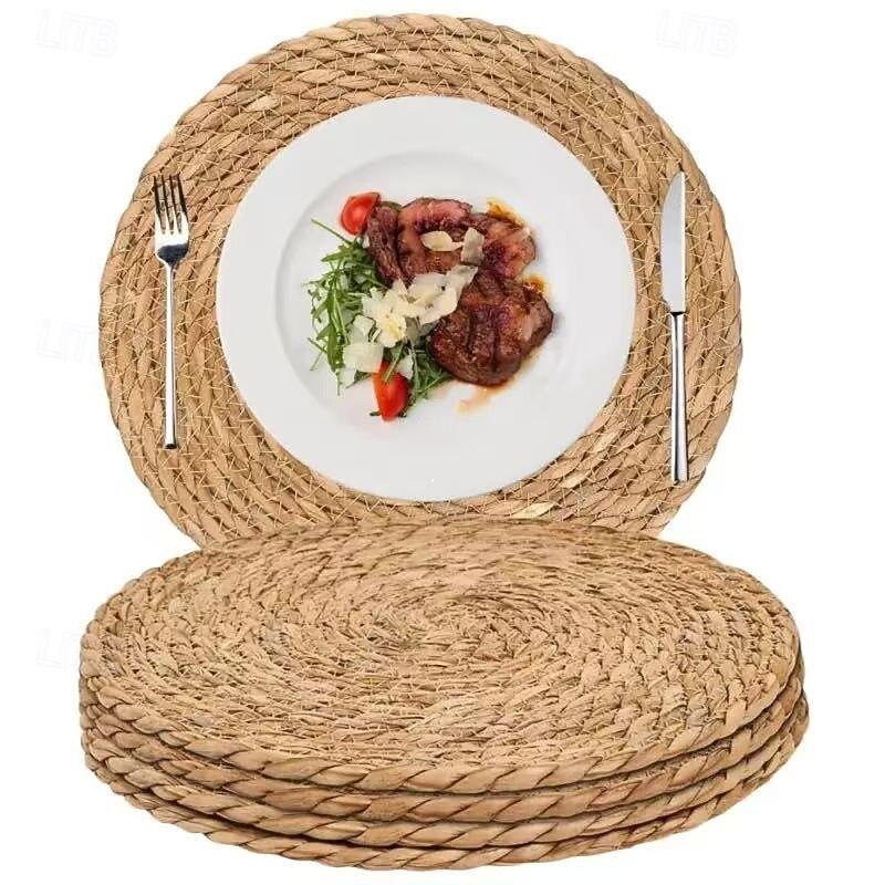 5-Piece Round Rattan Placemats Set, 13-Inch Natural Hand-Woven Water Lily Placemats for Dining Table, Rustic Style Table Mats for Home and Wedding Decor