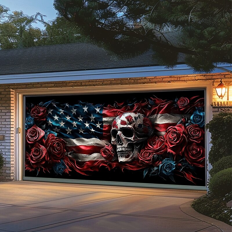 Halloween Door Decorations Garage Door Cover Skull 4th of July Independence Day Outdoor Banner Large Backdrop for Holiday Outdoor Garage Door Home Wall Decorations3
