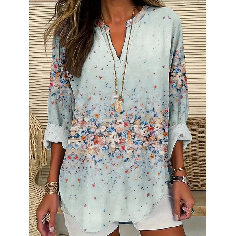 Women's Blouse Floral Stylish Modern Long Sleeve V Neck Regular Tops Daily Holiday Print Light Green Pink Fuchsia Green Dark Gray Summer