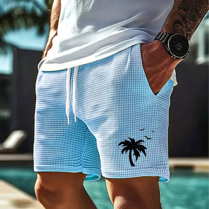 Men's Coconut Tree Tropical Plants Waffle Shorts Sweat Shorts Casual Shorts Mid Waist Fashion Casual Vacation Jogging Workout Elastic Drawstring Waist Shorts with Pockets Designer Clothing Apparel