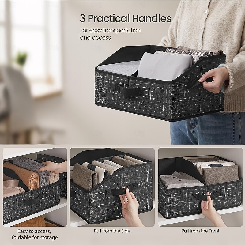 Foldable Clothing Storage Organizer Bag with Dividers,Collapsible Thickened Closet Drawer Box for Underwear and Clothes, Multi-Handle Fabric Storage Bin for Bedroom Wardrobe