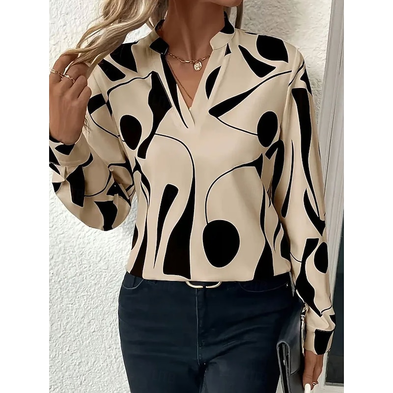 Women's Blouse Graphic Geometric Abstract Elegant Stylish Basic Long Sleeve High Neck Regular Tops Daily Holiday Black Khaki Spring Fall