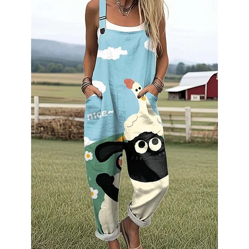 Women's Dungarees Active Floral Sleeveless Drawstring with Pocket Vacation Daily Loose Fit Royal Blue Blue Green Summer3