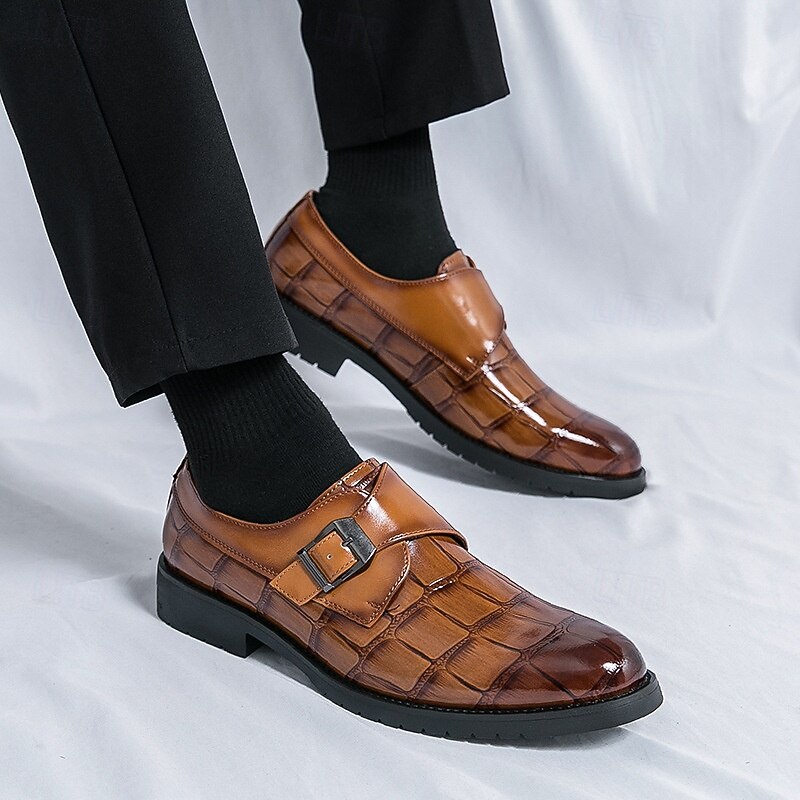 Men's Brown Faux Leather Monk Strap Dress Shoes with Crocodile Pattern – Elegant Formal Footwear for Office & Business Events4