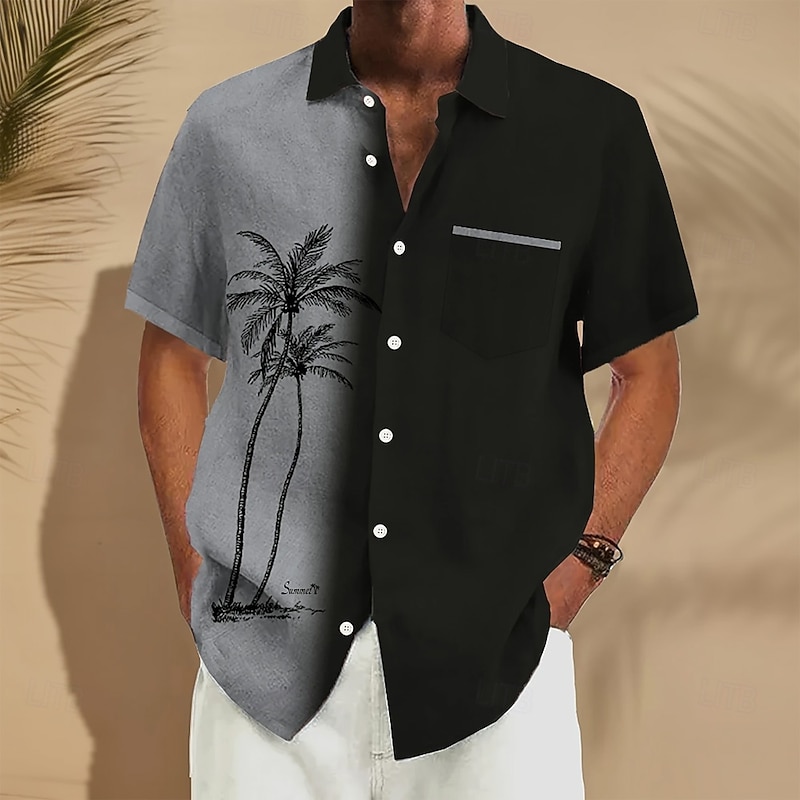 Men's Coconut Tree Gradient Color Shirt Summer Hawaiian Shirt Button Up Shirt Short Sleeve Hawaiian Vacation Holiday Beach Wear Summer Spring Turndown 3D Print Front One Pocket Linen Like Shirt Black