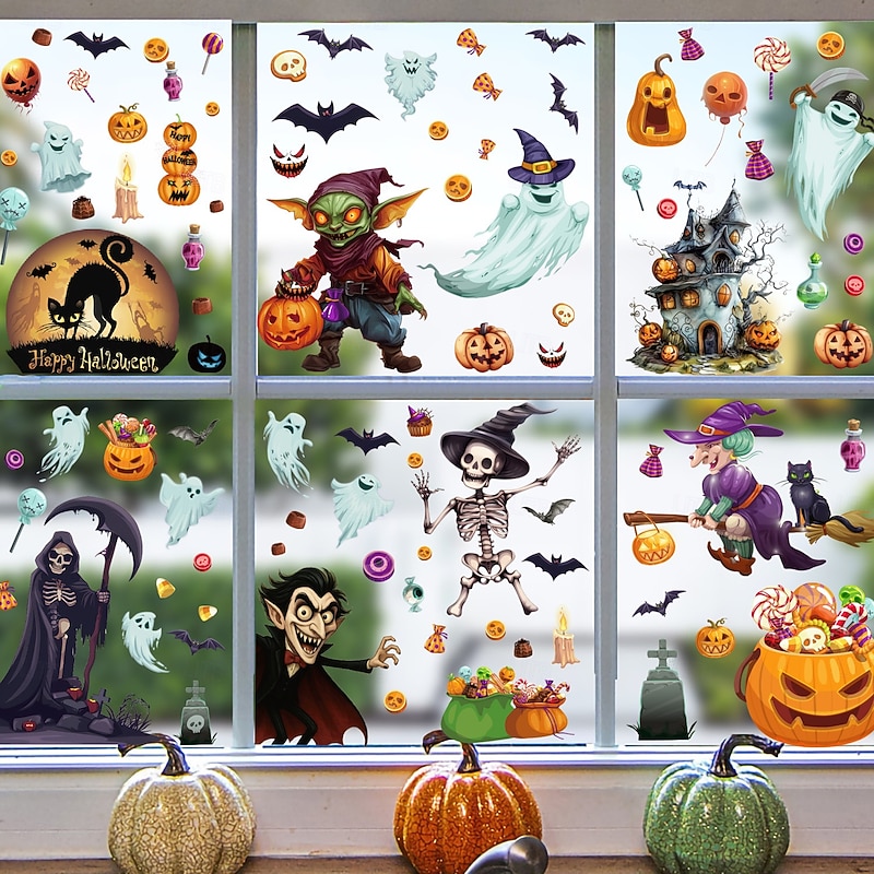 9 Sheets Halloween Window Cling Sticker Decals Decorations Double Side, Grim Reaper Witch Bat Spider Web Silhouette Static Stickers for Glass Window Wall Party Decor