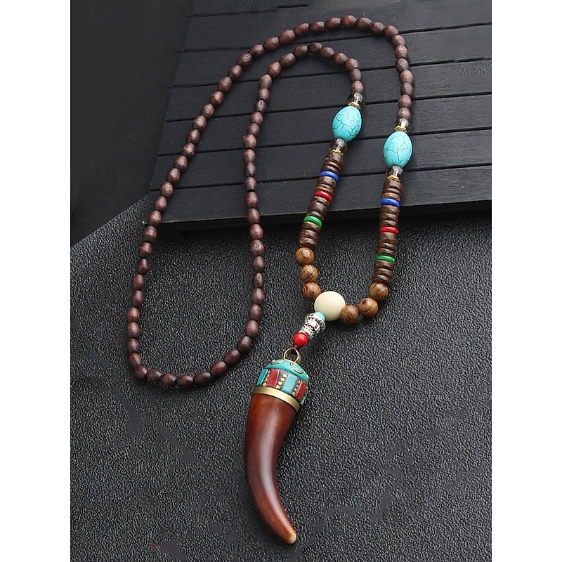 Men's Tribal Beaded Pendant Necklace – Handmade Ethnic Wooden Beads with Turquoise Accents, Bohemian Style for Casual Wear, Yoga, Meditation or Festival Outfits