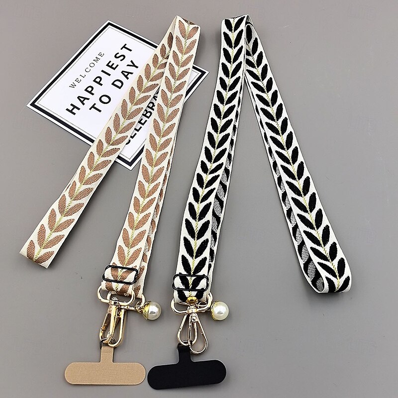 Mobile phone crossbody hanging rope embroidered rattan leaf crossbody strap hanging chain pearl pendant adjustable hanging neck rope woven hand rope4