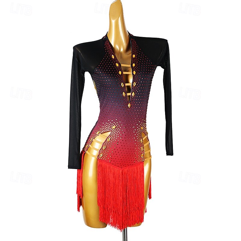 Latin Dance Dress Tassel Rhinestones Women's Performance Long Sleeve Salsa Competition Dresses Rumba Dancewear Clothes2