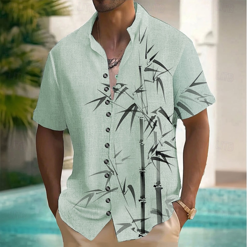 Men's Leaf Plants Bamboo Shirt Button Up Shirt Stand Collar Shirt Short Sleeves Fashion Casual Vacation Beach Wear Summer Spring Grandad Collar Mandarin Collar 3D Print Linen Like Shirt Pink Green2