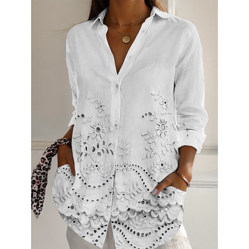 Women's Shirt Floral Active Daily Stylish Long Sleeve Shirt Collar Regular Tops Daily Holiday Buttons Print White Pink Blue Spring Fall