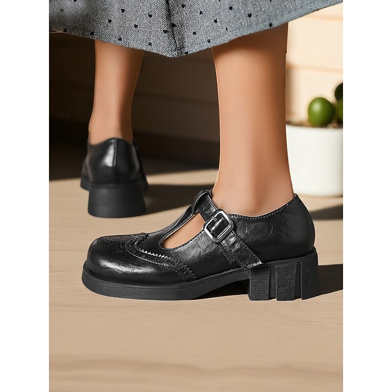 Women's 1950s-Inspired Black T-Strap Mary Jane Shoes - Vintage Brogue Leather Heels with Buckle and Chunky Sole for Daily Wear,Cosplay & Gothic Outfits2
