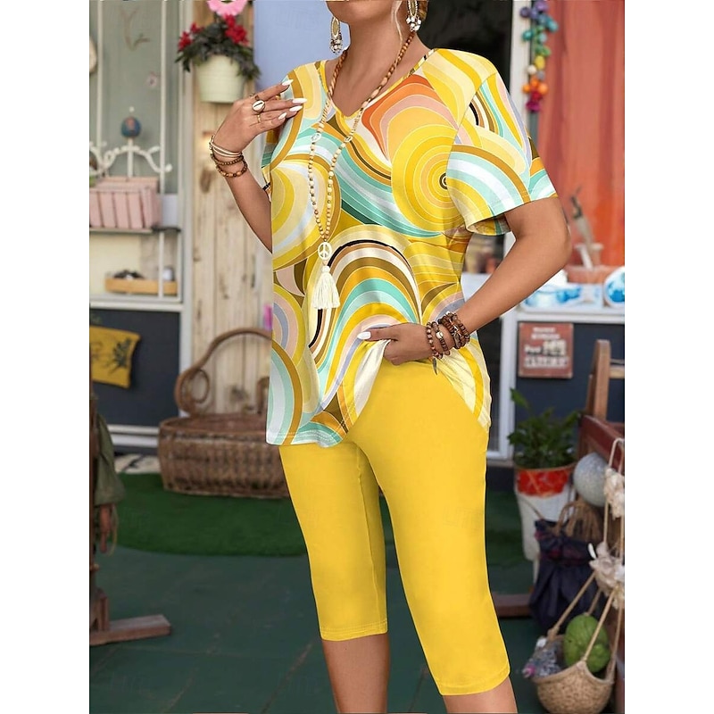Women's Fashion T Shirt Shorts Sets Short Sleeve V Neck Graphic Geometric Abstract Print Casual Daily Yellow Pink Summer Regular Fit3