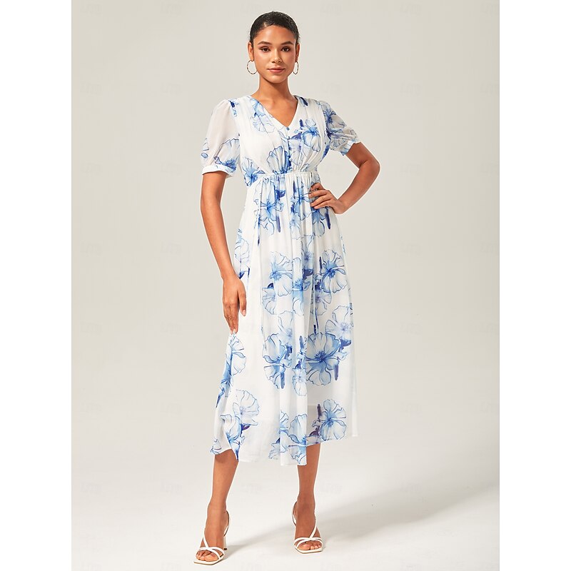 Blue Floral Ink-Wash Chiffon Maxi Dress4