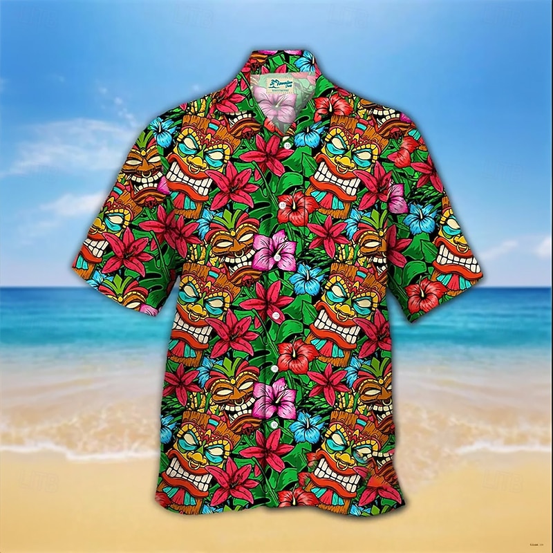 Men's Floral Print Indian Culture Tiki Shirt Summer Shirt Button Up Shirt Short Sleeve Vintage Retro Outdoor Vacation Dailywear Summer Spring Turndown 3D Print Collared Shirts Front One Pocket Green