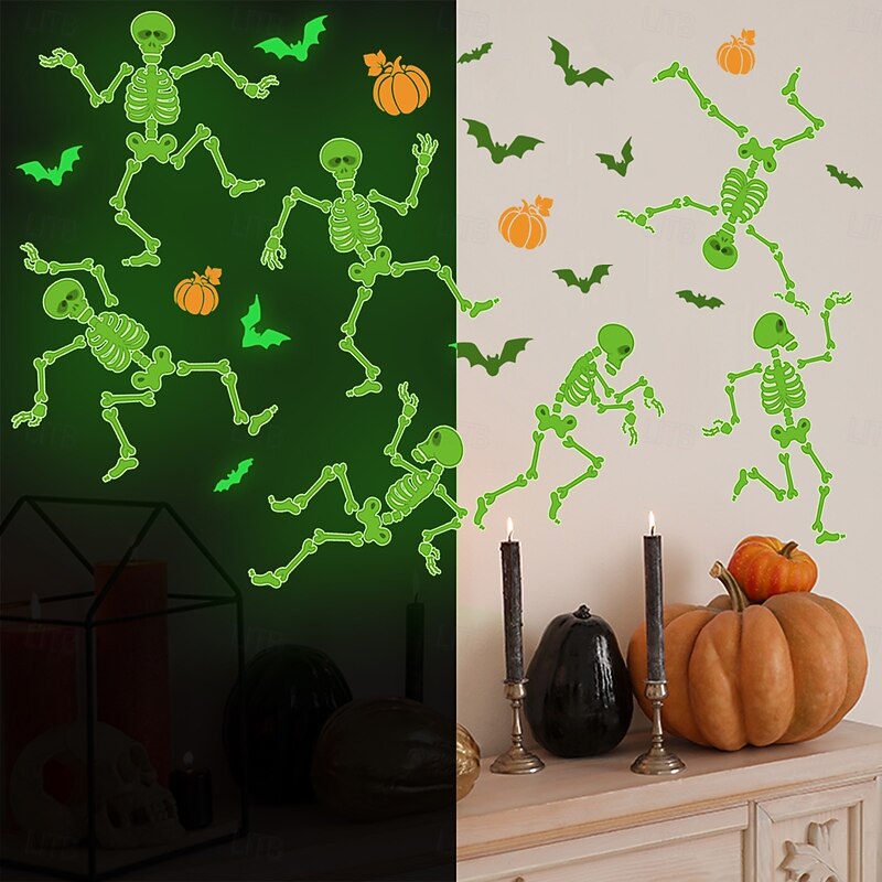 Halloween Decal Stickers Glow in The Dark Decoration, Luminous Skull, Bat, and Pumpkin Wall Stickers for Glass, Creative Living Room Halloween Decor, Self-Adhesive2