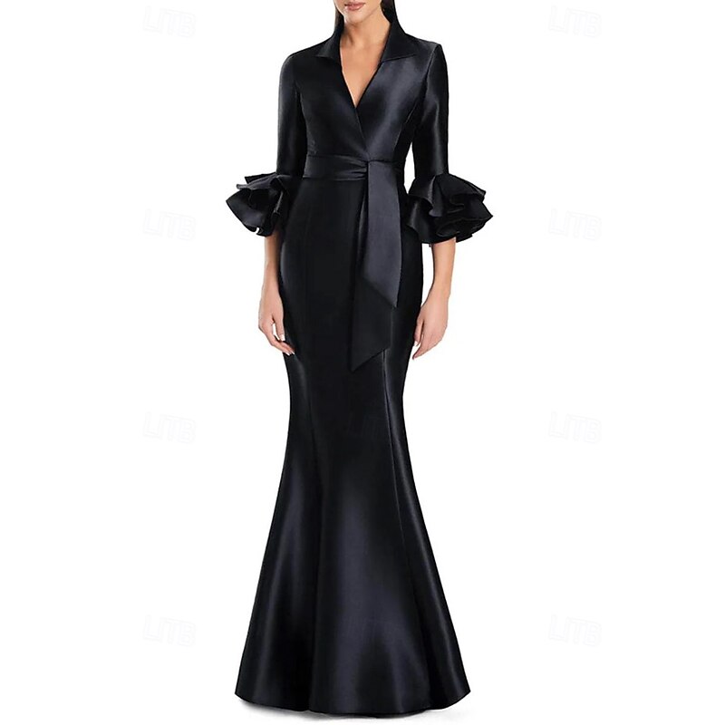 Black and White Formal Dress Mermaid / Trumpet Evening Gown Elegant Dress Formal Wedding Floor Length Half Sleeve Shirt Collar Stretch Satin with Ruffles4