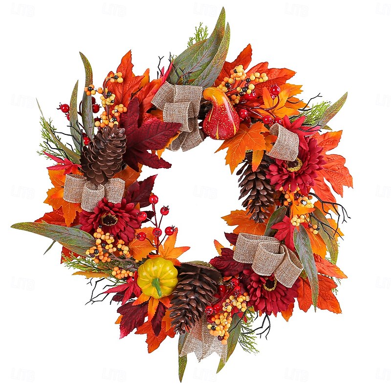 Fall Wreath for Front Door Thanksgiving Autumn Harvest Indoor Outdoor Decoration, Red Sunflower and Pinecone Wreath with Pumpkins and Maple Leaves Grapevine Wall Hanging3