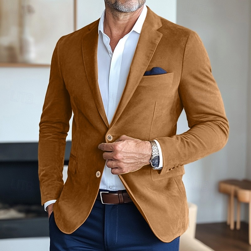 Men's Faux Suede Jacket Faux Suede Blazer Business Attire Company Party Fashion Casual Fall / Winter Faux Suede Plain Pocket Buttons Comfortable Single Breasted Blazer Brown khaki