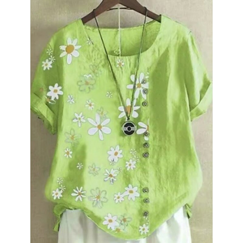 Women's Cotton Linen Shirts Floral Basic Casual Short Sleeve Crew Neck Regular Tops Daily Embroidered Navy Blue Green Light Blue Summer Spring2