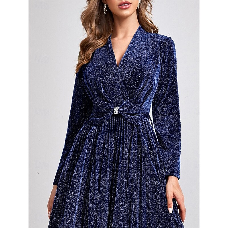 Glitter A-Line Party Dresses Elegant Dress Formal Wedding Floor Length Long Sleeve V Neck Velvet with Pleats