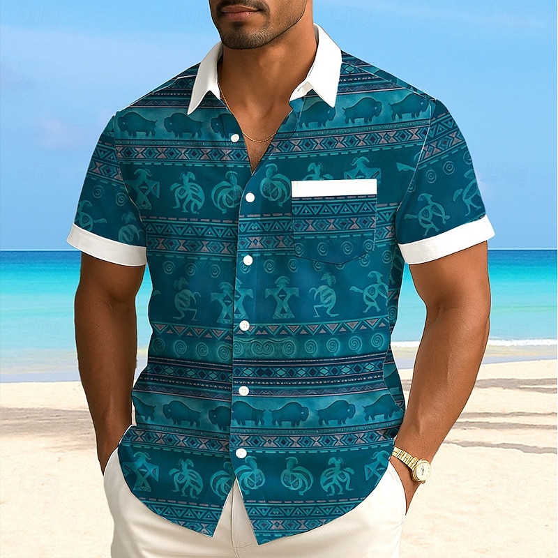 Men's Indian Ethnic Kokopelli Shirt Summer Shirt Button Up Shirt Short Sleeve Vintage Retro Outdoor Vacation Dailywear Summer Spring Turndown 3D Print Collared Shirts Front One Pocket Brown Green