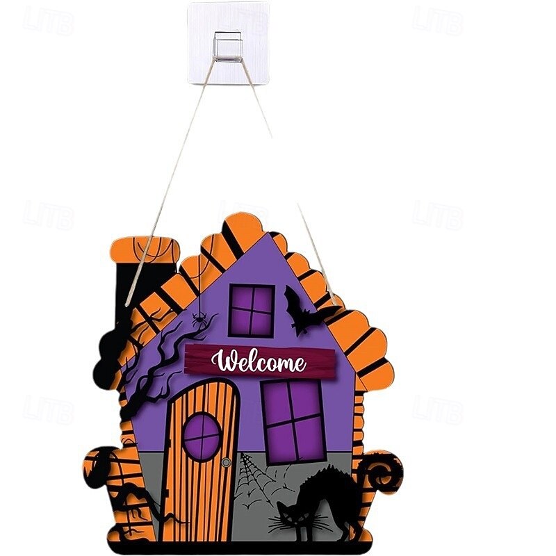 Halloween Welcome Wood Door Hanger, Purple Haunted House and Cat Hanging Sign, Spooky Front Door Wreath for Halloween Decor3