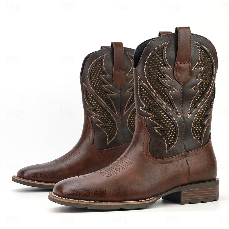 Men's Tan Western Ankle Boots with Chevron Pattern - Premium Leather, Stylish, Perfect for Casual Wear, Cowboy Events and Outdoor Adventures2