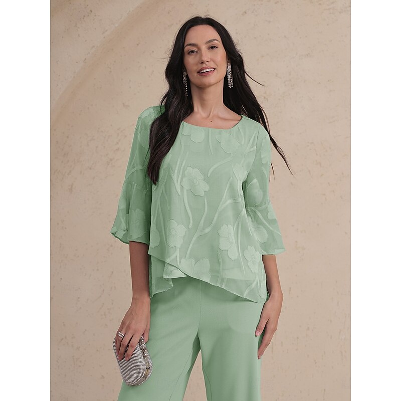 Women's Lace Shirt Blouse Dressy Tops Chiffon Tops Solid Color Flower Elegant Stylish Basic 3/4 Length Sleeve Bell Sleeve Boat Neck Regular Tops Wedding Guest Work Daily Cut Out Asymmetric Hem Sage