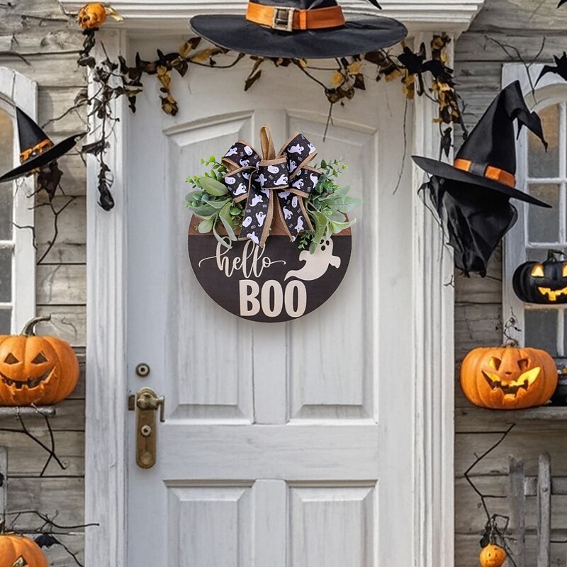 Halloween Door Sign Hanger Decorations, White Ghost BOO Wooden Door Plaque with Black Ribbon for Holiday Window and Wall Decor4