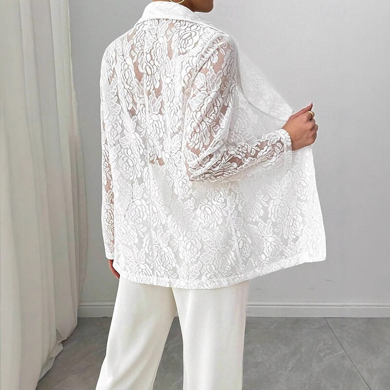 Women's Blazer Breathable Comfortable Patchwork Embroidered Fashion Casual Plain Office Street Casual Daily Wear Open Front Regular Turndown Regular Fit Long Sleeve Outerwear White Summer2