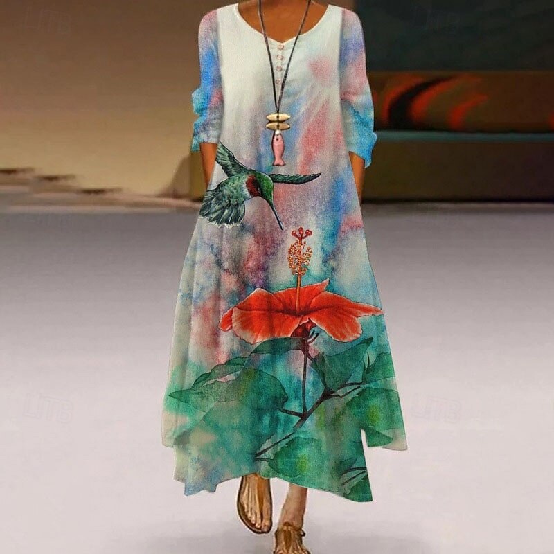 Women's Long Dress Maxi Dress Casual Dress Print Dress Elegant Fashion Classic Outdoor Vacation Holiday Regular Fit Flower Long Sleeve V Neck Black Green Spring Fall2