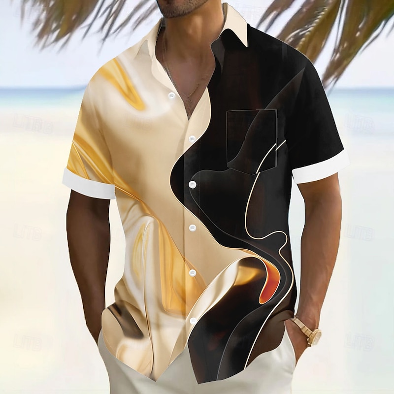 Men's Geometric Optical Illusion Marble Shirt Summer Shirt Button Up Shirt Short Sleeve Fashion Casual Vacation Holiday Streetwear Summer Turndown 3D Print Front One Pocket Linen Like Shirt Black
