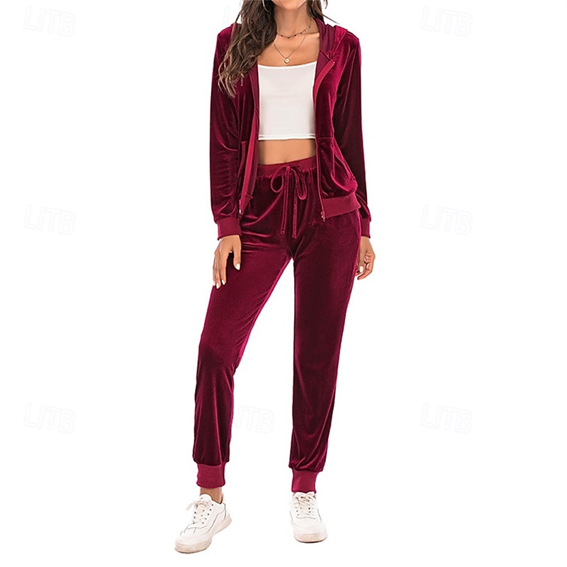 Women's Tracksuit Sweatpants Hooded Jacket Zipper Pocket Solid Colored Clothing Suit Fall Black Burgundy Velour Gym Workout Sports Windproof Long Sleeve Sport Activewear Micro-elastic Regular Fit4