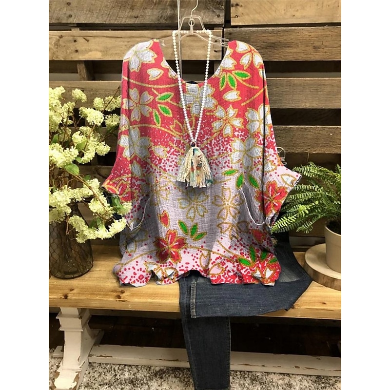 Women's Shirt Floral Stylish 3/4 Length Sleeve Crew Neck Regular Tops Daily Holiday Print Wine Red Blue Purple Summer2