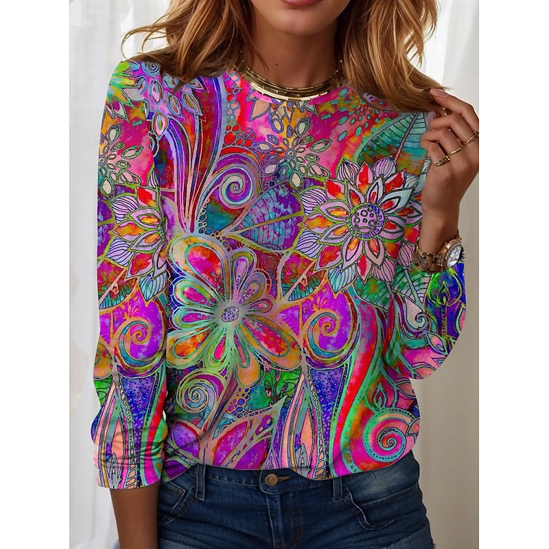 Women's T Shirt Casual Print Regular Tops Daily Blue Sky Blue Spring Fall2