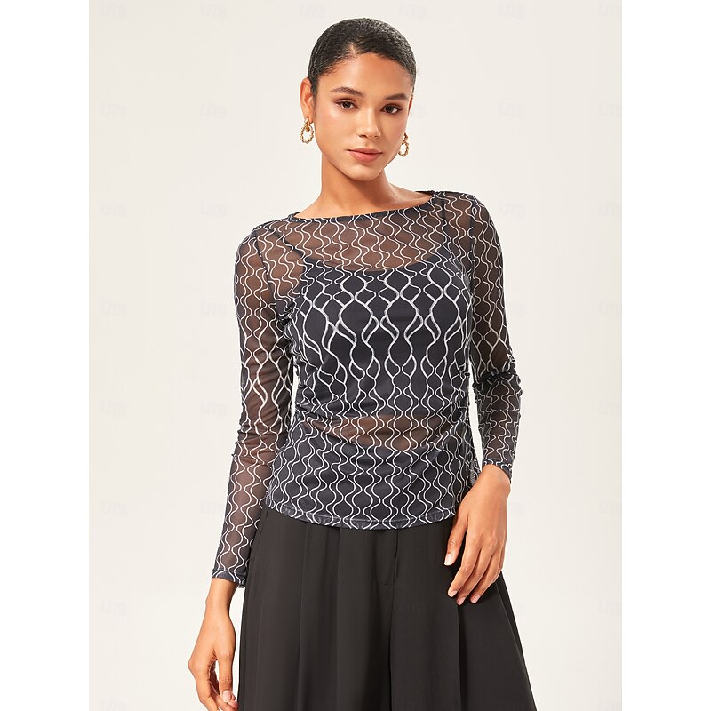 Women's Female Bottoming Shirt Geometric Casual Illusion Sleeve Black Long Sleeve Elegant Bohemia Vacation Crew Neck Summer Fall Cross-Seasons3