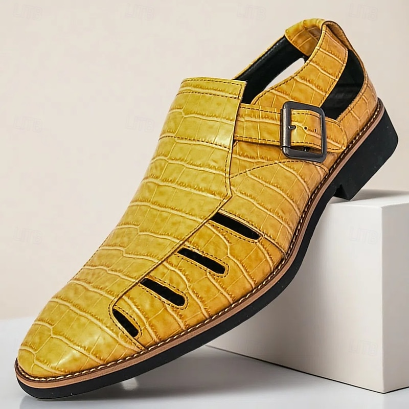 Yellow Crocodile Print Sandals for Men – Trendy Buckle Detail, Ideal for Outdoor Events and Casual Summer Wear