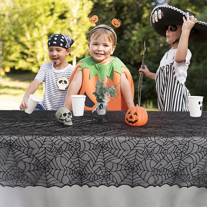 alloween Cobweb Table Cloth Lace Fabric Spider Web Round Gothic Table Cover Spooky Black Lace Bat Pattern Decor Accessories for Halloween Party
