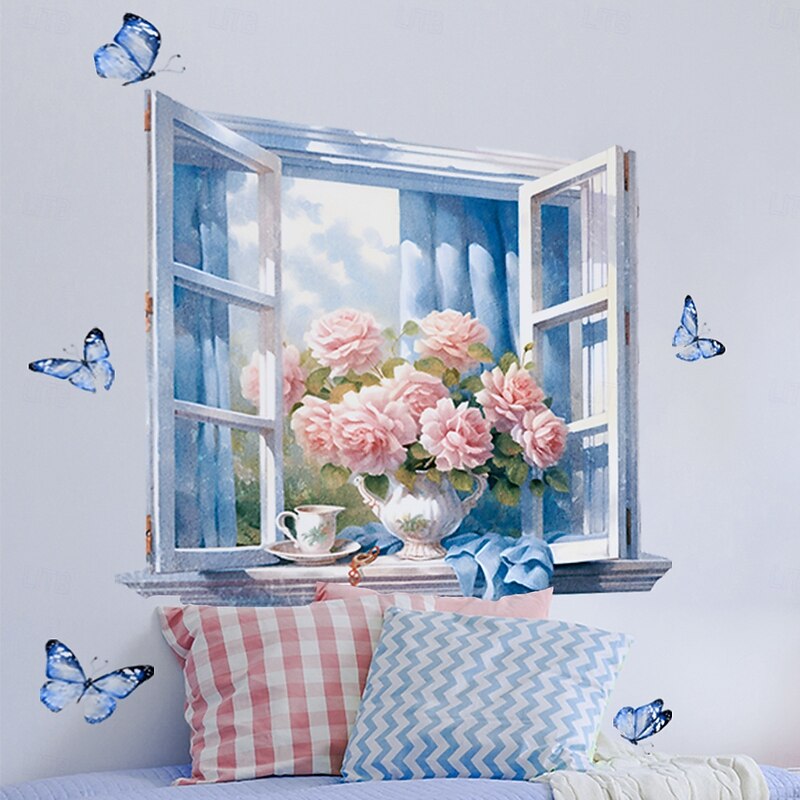 Wall Sticker Decal with Window Sill, Door Frame, Flowers and Butterfly Decor for Living Room and Bedroom Background Wall Decoration Sticker
