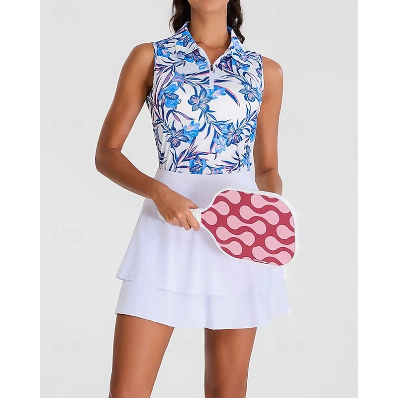 Women's Graphic Floral Sport Shirt Golf Polo Shirt Tennis Shirt Sleeveless Zipper High Elasticity Moisture Wicking Breathable Tennis Golf Pickleball Turndown Zip Collar Shirt Top Blue Tennis Clothing4