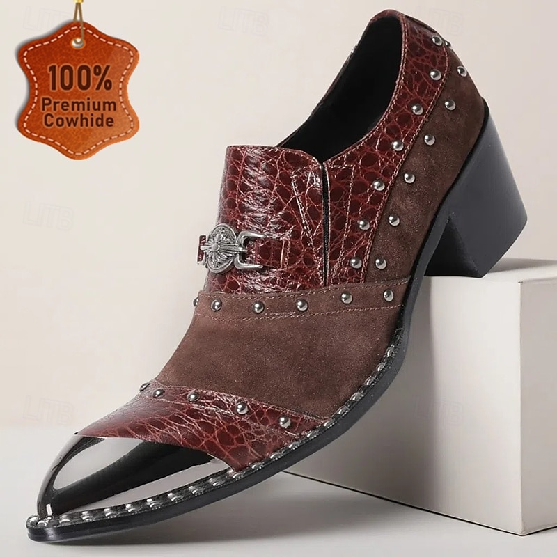 Men's Brown Gothic Leather Dress Shoes–Premium Cowhide Party Footwear with Gold Tip Studded Details Buckle Strap and Pointed Steel Toe for Luxury Balls Costume Dinners and Evening Celebrations
