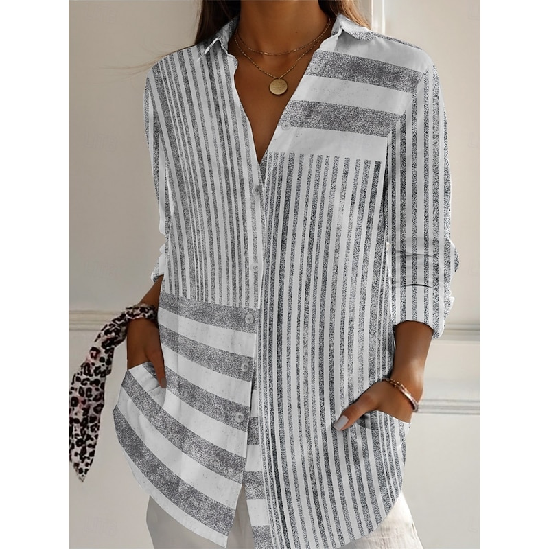 Women's Shirt Striped Active Daily Stylish Long Sleeve Shirt Collar Regular Tops Daily Holiday Buttons Print Pink Blue Gray Spring Fall