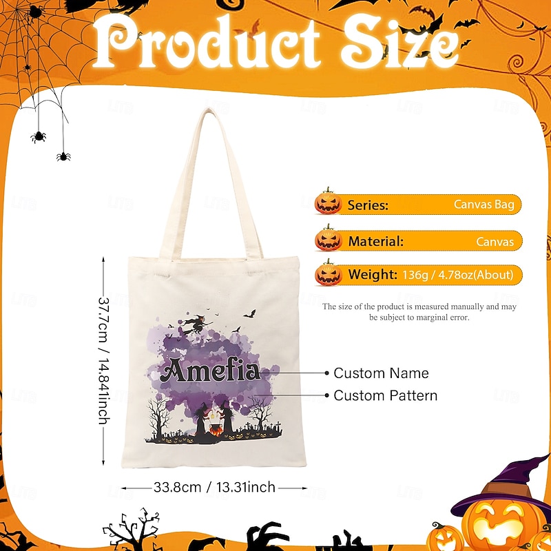 Personalized Name Halloween Treat Bag for Kids Custom Candy Tote Bag Basket for Trick or Treat, Canvas Gift Bag with Custom Font and Pattern, Funny Ghost Design for Family, Friends, Lovers, Unique Holiday Surprise3