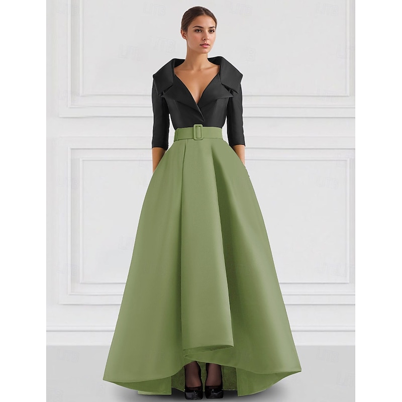 Red A-Line Satin Formal Evening Gown Elegant Fall Wedding Guest Dress Tuxedo Dress Asymmetrical 3/4 Length Sleeve Shirt Collar with Pocket4