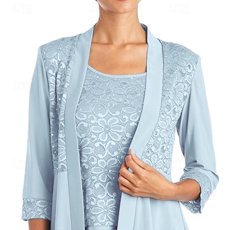 Pantsuit 3 Piece Pantsuit Mother of the Bride Dress Elegant Vintage Simple Boat Neck Ankle Length Stretch Chiffon Half Sleeve with Lace Sequin Embroidery2