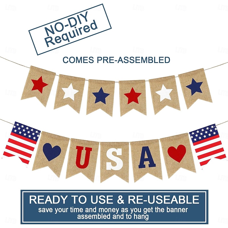 Patriotic USA Banner Burlap 4th of July Decorations Rustic Patriotic Banner Red White Blue Stars Bunting Garland for President Day 4th of July Party Supplies 4th of July Patriotic Outdoor Indoor hanging Decor4